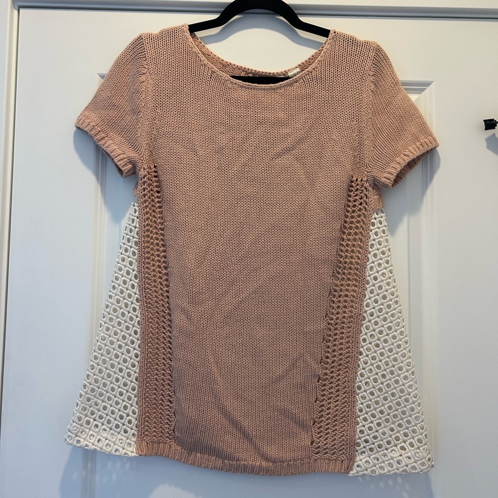 Moth Anthropologie Madeira blush  Pink Short Sleeve Sweater Knit Top Crochet